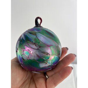 Handblown Iridescent Glass Ornament In Purple & Green With Abstract Swirls